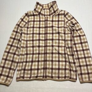 Uniqlo Fleece High Neck Lightweight Sweater Jacket Full Zip Brown Check Size: M